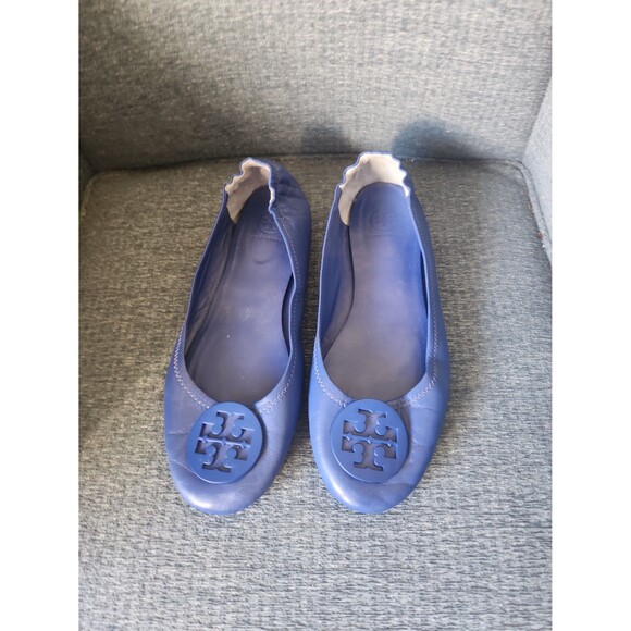 Tory Burch "Minnie" Travel Ballet Flats Dark Blue Leather Size 10 - Picture 1 of 12